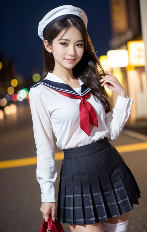 (1 gorgeous Asian women, age 20s, standing with natural pose, at Tokyo Tower, night sky. She's dressed in Japanese JK Uniform, Serafuku, Seifuku, Sailor Uniform, white blouse, sailor-style collar, pleated skirt, Buttons, Red Ribbon, Red Bolo Tie, Striped Necktie, Red Neckerchief, Red Bow, Sailor Hat, Western-style plaid skirt, knee-high socks, beautiful detailed face, beautiful detailed eyes, dimpled smile, kind & friendly smile, short bob hair, ponytail, cute snaggletooth, ample round bosom, Fit & Healthy body proportion, photorealistic, hyper-realism, high contrast, ultra HD, realistic skin textures, top image quality, top-quality, super high resolution, fine details, very meticulously, bokeh background, full_body_shot, vivid colours, masterpiece) #aliceinborderland