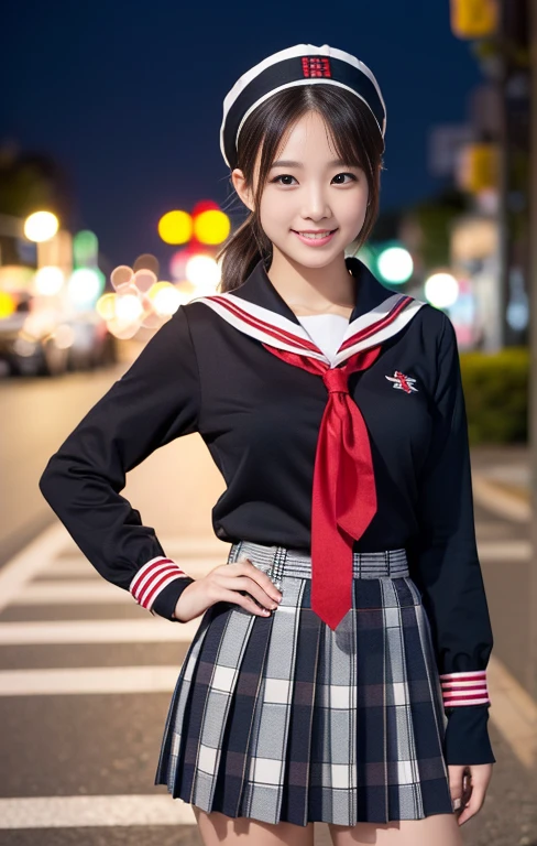 (1 gorgeous Asian women, age 20s, standing with natural pose, at Tokyo Tower, night sky. She's dressed in Japanese JK Uniform, Serafuku, Seifuku, Sailor Uniform, white blouse, sailor-style collar, pleated skirt, Buttons, Red Ribbon, Red Bolo Tie, Striped Necktie, Red Neckerchief, Red Bow, Sailor Hat, Western-style plaid skirt, knee-high socks, beautiful detailed face, beautiful detailed eyes, dimpled smile, kind & friendly smile, short bob hair, ponytail, cute snaggletooth, ample round bosom, Fit & Healthy body proportion, photorealistic, hyper-realism, high contrast, ultra HD, realistic skin textures, top image quality, top-quality, super high resolution, fine details, very meticulously, bokeh background, full_body_shot, vivid colours, masterpiece) #aliceinborderland