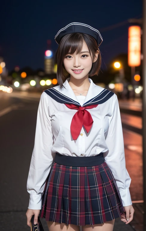 (1 gorgeous Asian women, age 20s, standing with natural pose, at Tokyo Tower, night sky. She's dressed in Japanese JK Uniform, Serafuku, Seifuku, Sailor Uniform, white blouse, sailor-style collar, pleated skirt, Buttons, Red Ribbon, Red Bolo Tie, Striped Necktie, Red Neckerchief, Red Bow, Sailor Hat, Western-style plaid skirt, knee-high socks, beautiful detailed face, beautiful detailed eyes, dimpled smile, kind & friendly smile, short bob hair, ponytail, cute snaggletooth, ample round bosom, Fit & Healthy body proportion, photorealistic, hyper-realism, high contrast, ultra HD, realistic skin textures, top image quality, top-quality, super high resolution, fine details, very meticulously, bokeh background, full_body_shot, vivid colours, masterpiece) #aliceinborderland