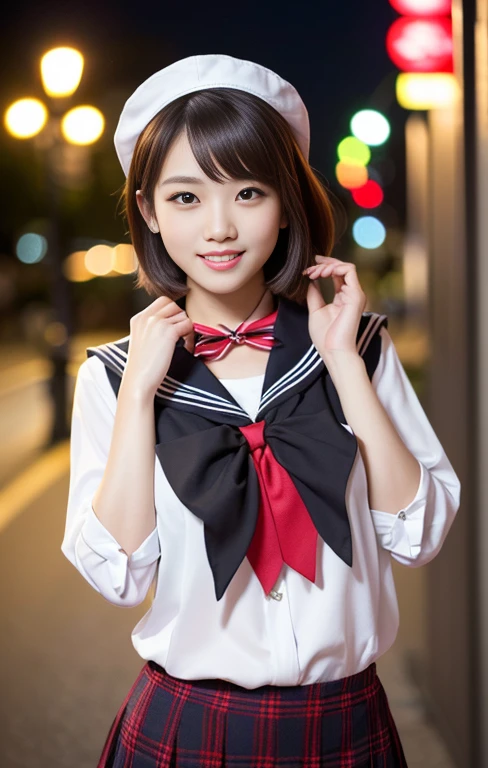 (1 gorgeous Asian women, age 20s, standing with natural pose, at Tokyo Tower, night sky. She's dressed in Japanese JK Uniform, Serafuku, Seifuku, Sailor Uniform, white blouse, sailor-style collar, pleated skirt, Buttons, Red Ribbon, Red Bolo Tie, Striped Necktie, Red Neckerchief, Red Bow, Sailor Hat, Western-style plaid skirt, knee-high socks, beautiful detailed face, beautiful detailed eyes, dimpled smile, kind & friendly smile, short bob hair, ponytail, cute snaggletooth, ample round bosom, Fit & Healthy body proportion, photorealistic, hyper-realism, high contrast, ultra HD, realistic skin textures, top image quality, top-quality, super high resolution, fine details, very meticulously, bokeh background, full_body_shot, vivid colours, masterpiece) #aliceinborderland