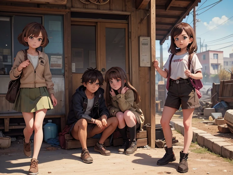 (Best quality:0.8) perfect frame from anime, wasteland robbers, 1 brown-haired boy and 3 different girls