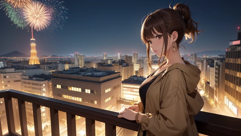 (Very detailed,High resolution,masterpiece:1.2）Night view from the balcony or terrace of a high-rise apartment building in Japan, You can see big fireworks。 Focus on women in their 20s to 40s with calm expressions. Light brown hair. She is wearing a jacket over a long-sleeved top.、Earring Accessories, bracelet, clock. .(Highest quality:1.2), Very detailed, High resolution, Tabletop:1,2, Vibrant colors, Bokeh, Professional Lighting, Physically Based Rendering, Flat Color:0.8, Fine 図, Realistic:1.37, Shinkai Makoto style, Your name style, Light brown hair, Elegant update,ponytail,Hair Bun。。(masterpiece: 1,2)、(masterpiece: 1,2)、High resolution、超High resolution、Highest quality、High resolution、