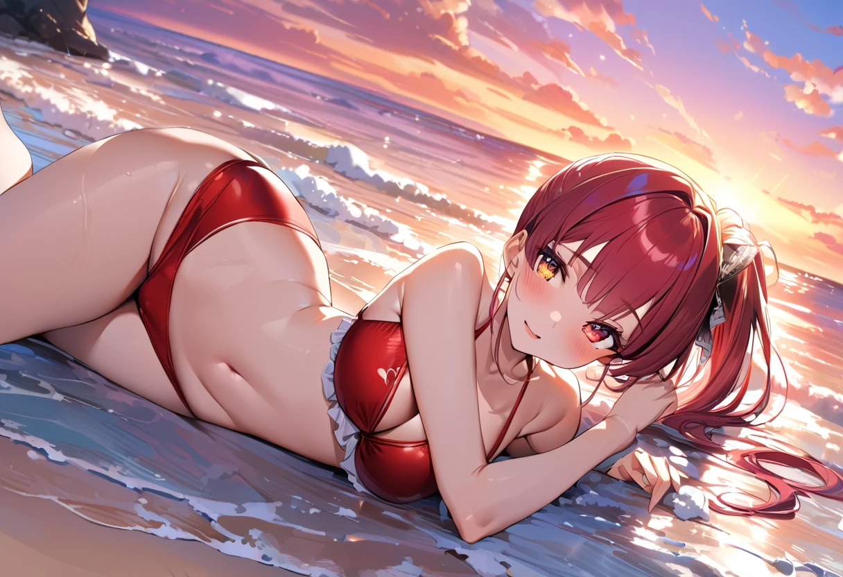 masterpiece, Highest quality, Very detailed, High resolution, 8k、Very popular illustrations on pixiv、Beautiful heterochromatic eyes、Sparkling Eyes、Full-body portrait of 18-year-old Houshou Marine with a ponytail、Lying on the beach、Sexy Full Body Pose、Full body image、Large Breasts、View your viewers、Sexy ruffled bikini、Ribbon on waist、Beach with beautiful sunset、Shining Sea、Romantic atmosphere、Dynamic Angles、