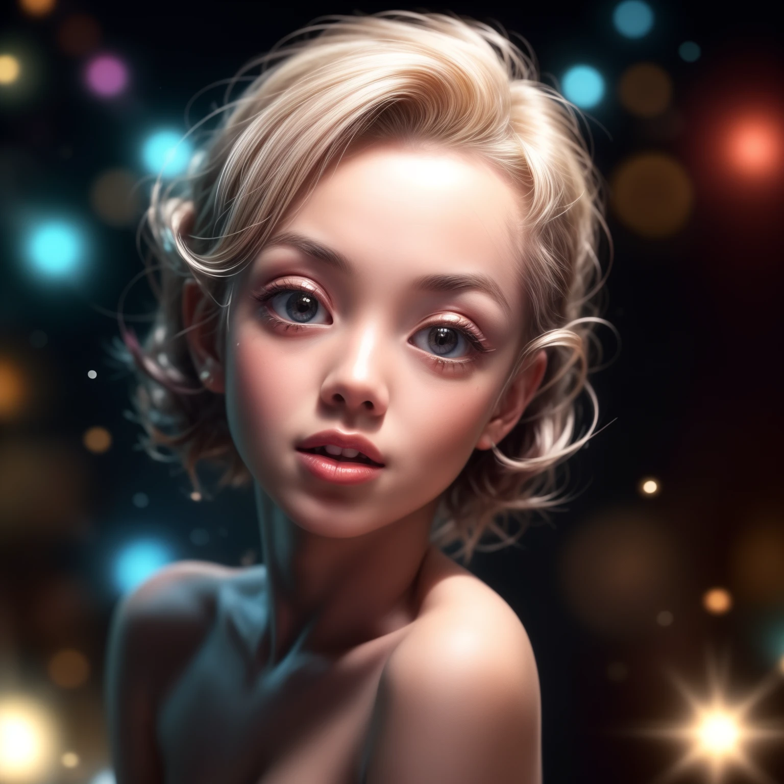  8k, High-level, absurd, masterpiece, best quality, primitive, very detailed CG, very detailed wallpaper, perfect lighting, Extremely detailed (((The personifying "Marilyn Monroe" as a TinyGirl))), MysticSight, Tyndall effect, Tyndall scattering, (Studio gray background with (many Dazzling RainbowColor particles BokeH)), (RoundlyButts, ThighGap), (Exposed:-0.9), (Assfocus with looking ahead), BREAK (NOGIZAKA face variations)  Extremely Detailed very KAWAII face variations, perfect anatomy, Childish, captivating gaze, elaborate detailed Eyes with (sparkling highlights:1.28), long eyelashes、Glossy RED Lips with beautiful details, Coquettish tongue, Rosy cheeks, Radiant PearlSkin with clear transparency . { (Dynamic LifeLike expressions:1.4) | :d) }, (large eyes:-1) .