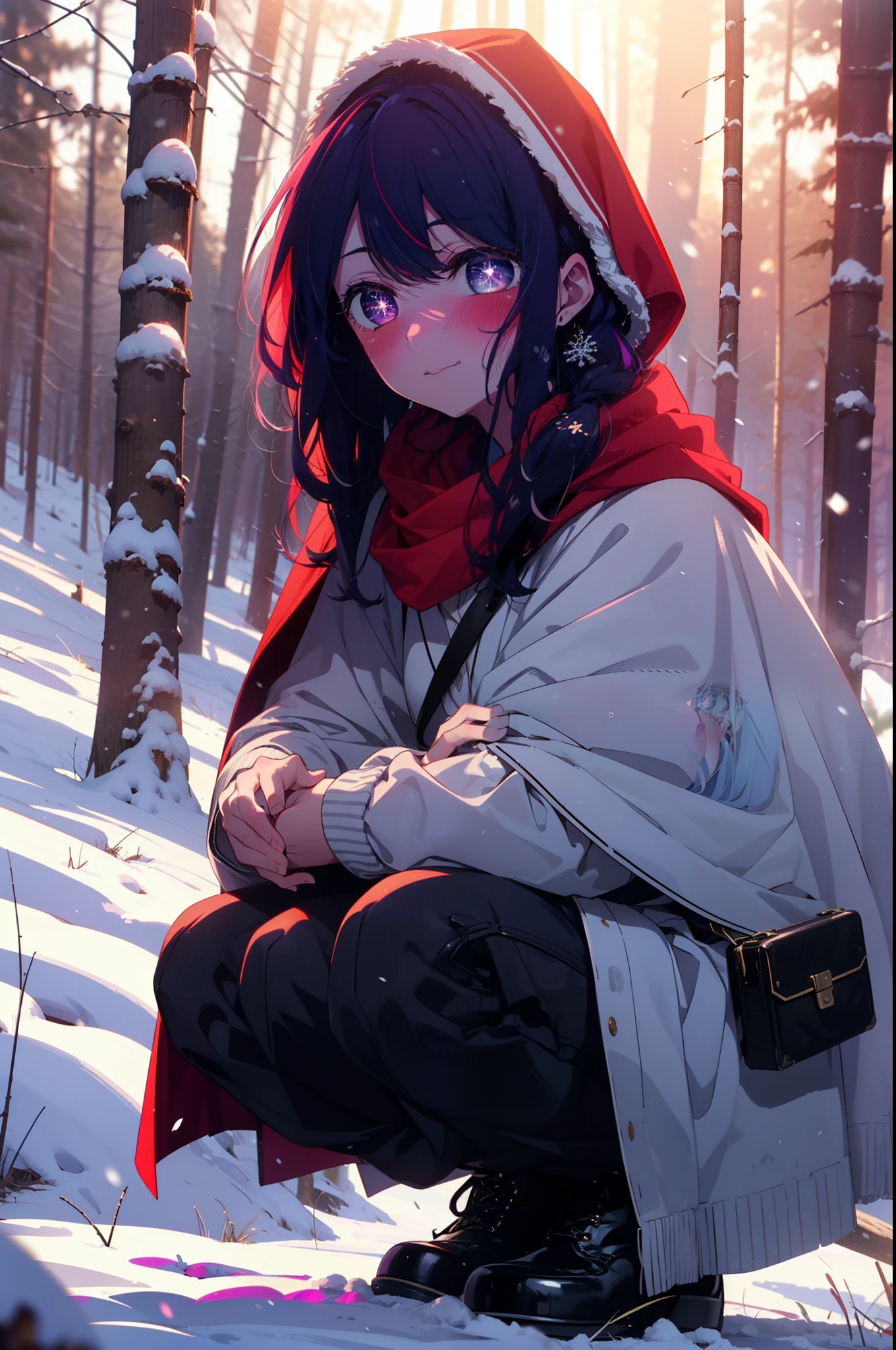 aihoshino, Ai Hoshino, Long Hair, bangs, (Purple eyes:1.1), Purple Hair, (Symbol-shaped pupil:1.5), smile,,smile,blush,white breath,
Open your mouth,snow,Ground bonfire, Outdoor, boots, snowing, From the side, wood, suitcase, Cape, Blurred, , forest, White handbag, nature,  Squat, Mouth closed, Cape, winter, Written boundary depth, Black shoes, red Cape break looking at viewer, Upper Body, whole body, break Outdoor, forest, nature, break (masterpiece:1.2), Highest quality, High resolution, unity 8k wallpaper, (shape:0.8), (Beautiful and beautiful eyes:1.6), Highly detailed face, Perfect lighting, Extremely detailed CG, (Perfect hands, Perfect Anatomy),