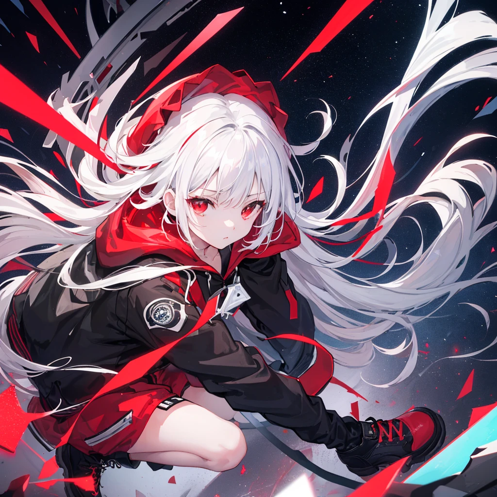 (masterpiece,Highest quality,Anime Style,atmosphere,More Information,CG rendering,Character portrait,Ray Tracing)(Holographic Projection,White Hair,Hair Straightening,Red Eyes,Black hooded jacket,There is a red cube in my hand,Black boots,Surrounded by red particles)(The background is a starry sky)、Solo、Beautiful Hands、Beautiful fingers