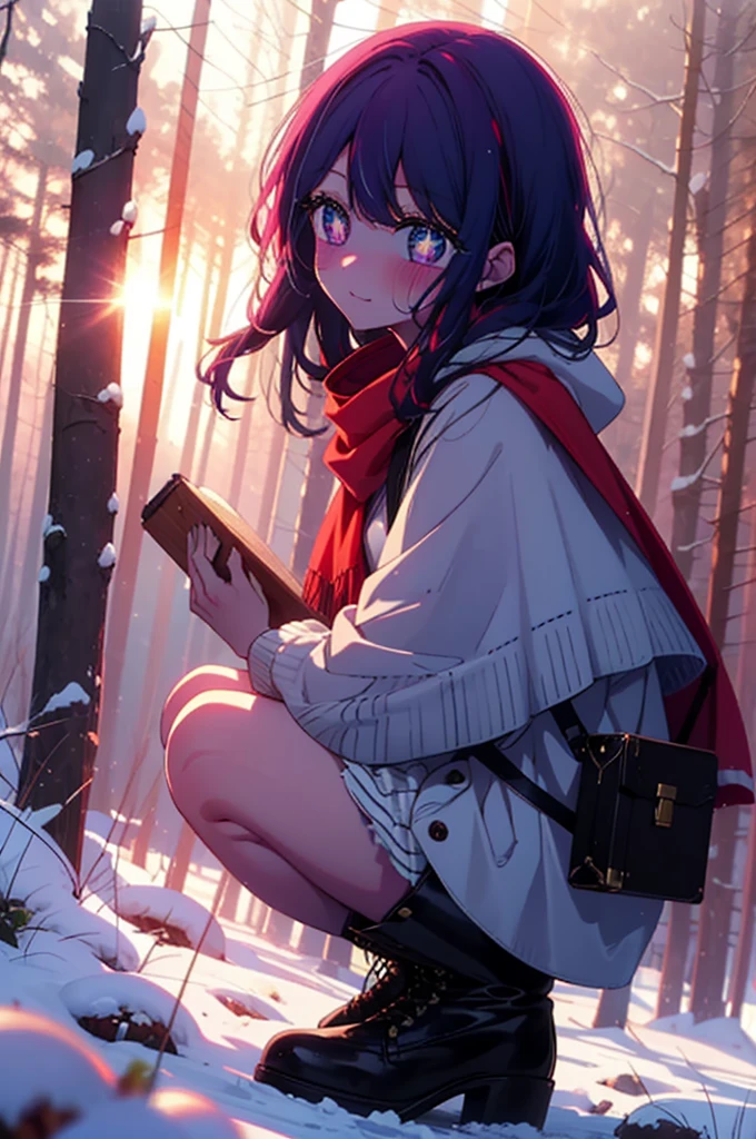 aihoshino, Ai Hoshino, Long Hair, bangs, (Purple eyes:1.1), Purple Hair, (Symbol-shaped pupil:1.5), smile,,smile,blush,white breath,
Open your mouth,snow,Ground bonfire, Outdoor, boots, snowing, From the side, wood, suitcase, Cape, Blurred, , forest, White handbag, nature,  Squat, Mouth closed, Cape, winter, Written boundary depth, Black shoes, red Cape break looking at viewer, Upper Body, whole body, break Outdoor, forest, nature, break (masterpiece:1.2), Highest quality, High resolution, unity 8k wallpaper, (shape:0.8), (Beautiful and beautiful eyes:1.6), Highly detailed face, Perfect lighting, Extremely detailed CG, (Perfect hands, Perfect Anatomy),