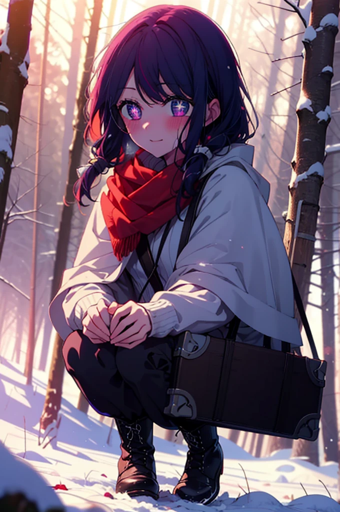 aihoshino, Ai Hoshino, Long Hair, bangs, (Purple eyes:1.1), Purple Hair, (Symbol-shaped pupil:1.5), smile,,smile,blush,white breath,
Open your mouth,snow,Ground bonfire, Outdoor, boots, snowing, From the side, wood, suitcase, Cape, Blurred, , forest, White handbag, nature, Squat, Mouth closed, Cape, winter, Written boundary depth, Black shoes, red Cape break looking at viewer, Upper Body, whole body, break Outdoor, forest, nature, break (masterpiece:1.2), Highest quality, High resolution, unity 8k wallpaper, (shape:0.8), (Beautiful and beautiful eyes:1.6), Highly detailed face, Perfect lighting, Extremely detailed CG, (Perfect hands, Perfect Anatomy),