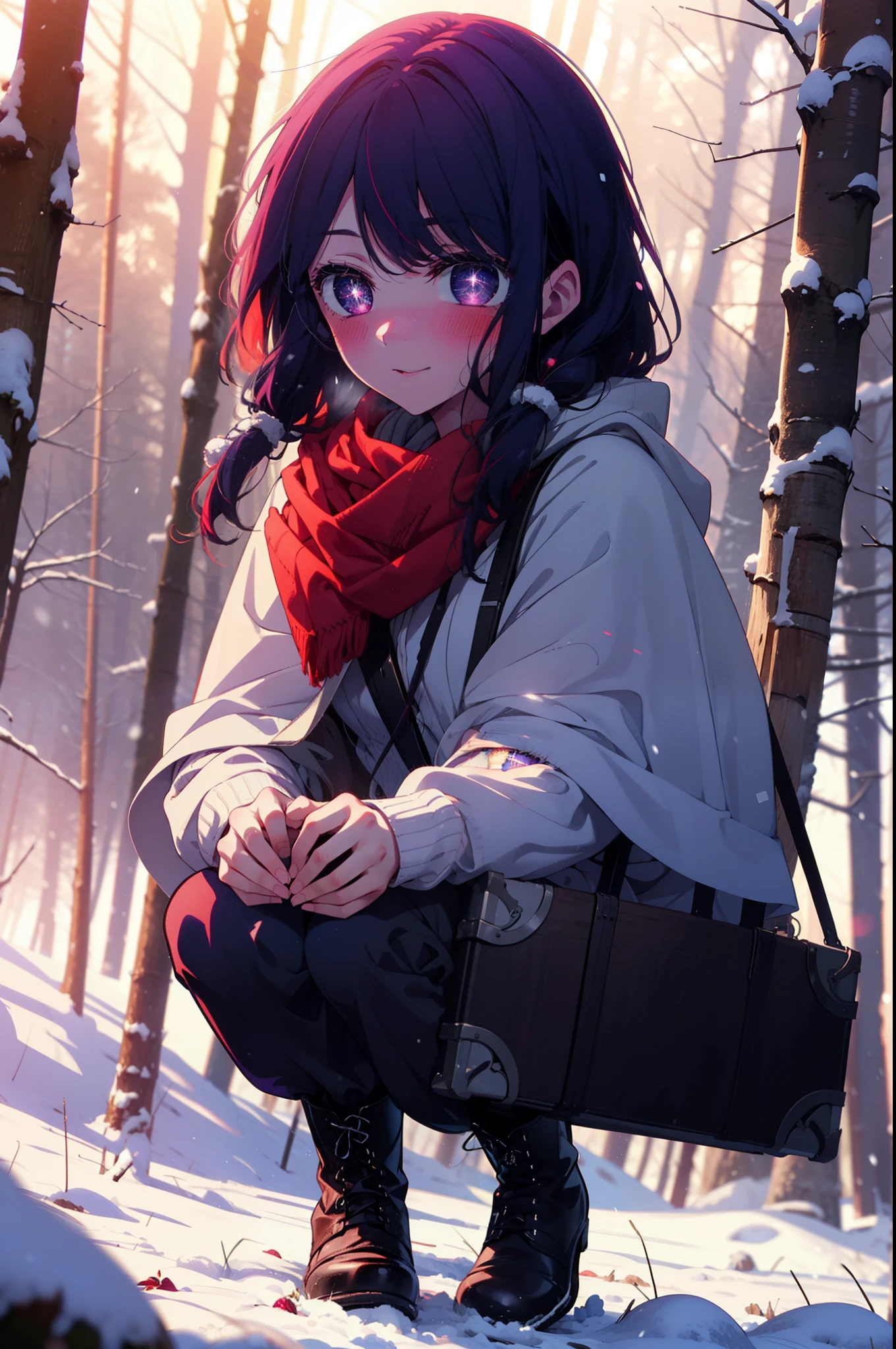 aihoshino, Ai Hoshino, Long Hair, bangs, (Purple eyes:1.1), Purple Hair, (Symbol-shaped pupil:1.5), smile,,smile,blush,white breath,
Open your mouth,snow,Ground bonfire, Outdoor, boots, snowing, From the side, wood, suitcase, Cape, Blurred, , forest, White handbag, nature, Squat, Mouth closed, Cape, winter, Written boundary depth, Black shoes, red Cape break looking at viewer, Upper Body, whole body, break Outdoor, forest, nature, break (masterpiece:1.2), Highest quality, High resolution, unity 8k wallpaper, (shape:0.8), (Beautiful and beautiful eyes:1.6), Highly detailed face, Perfect lighting, Extremely detailed CG, (Perfect hands, Perfect Anatomy),