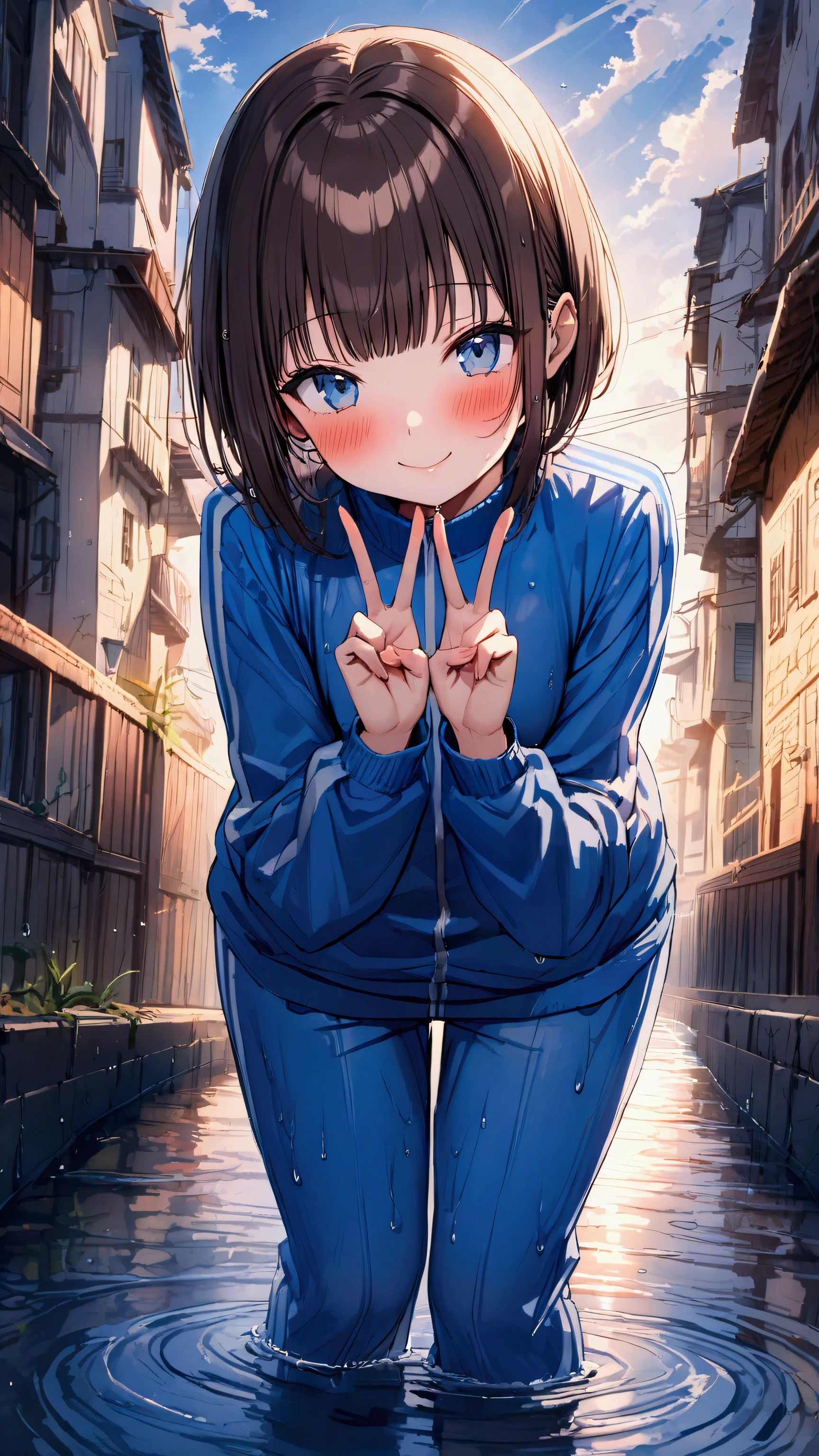 masterpiece, Highest quality, Ultra-high resolution, (beautiful girl: 1.3), Brown Hair, (((Sharp bob))),Looks about 15 years old、 (Blue sweatpants: 1.4), (The jacket is a blue track jacket.: 1.4), The setting sun is dazzling in the waterway、Wet、(Embarrassing: 1.2), (blush: 1.4),smile、Splash,(leaning forward:1.5),(((peace sign)))