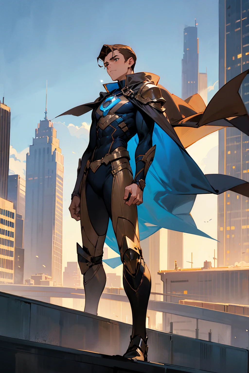 1male, , light brown hair, slickback hair, light brown eyes, calm expression, black and blue super suit, blue cape, standing on building, city background, standing on path, detailed background, hands to side