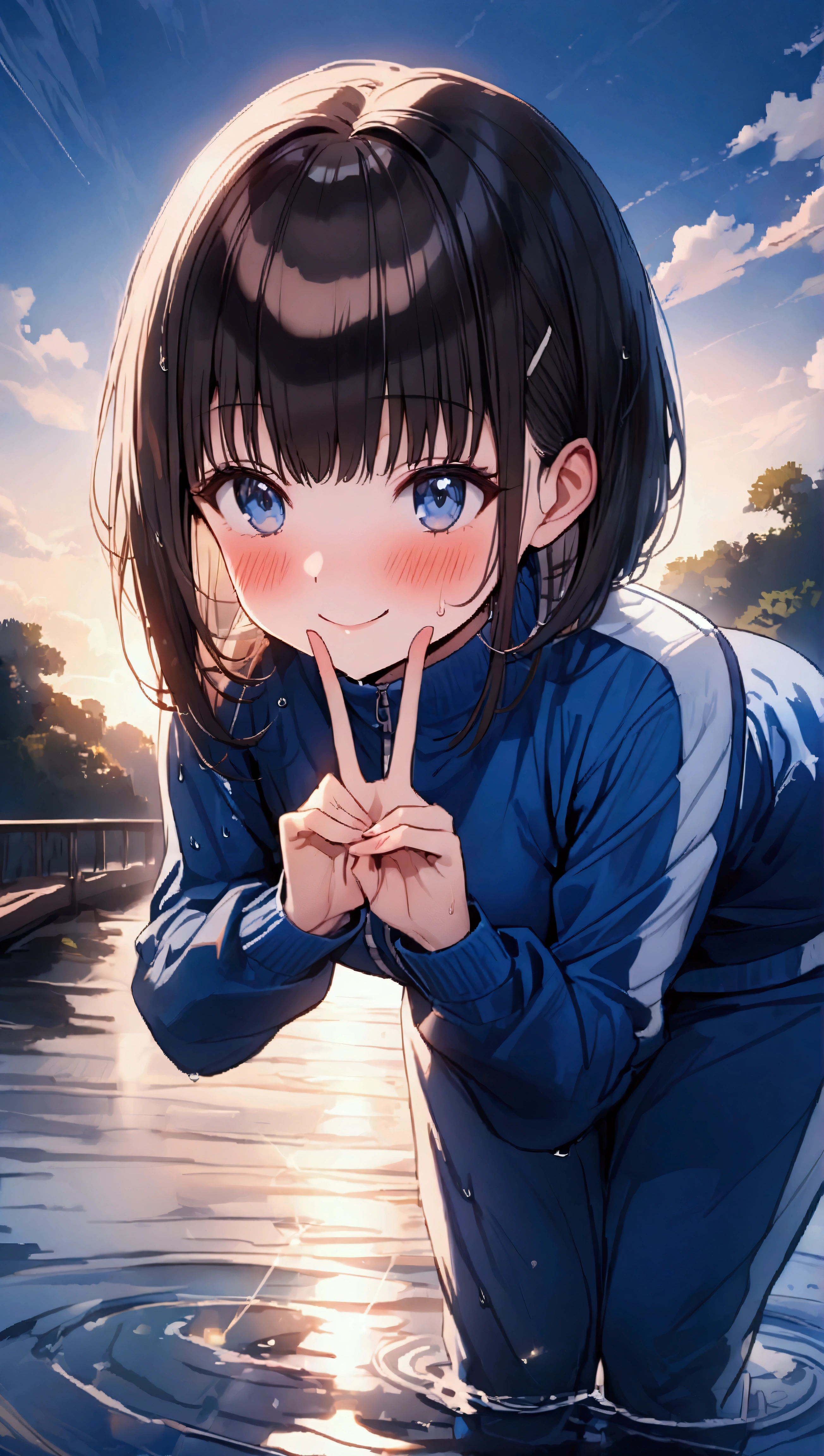 masterpiece, Highest quality, Ultra-high resolution, (beautiful girl: 1.3), Brown Hair, (((Sharp bob))),Looks about 15 years old、 (Blue sweatpants: 1.4), (The jacket is a blue track jacket.: 1.4), The setting sun is dazzling in the waterway、Wet、(Embarrassing: 1.2), (blush: 1.4),smile、Splash,(leaning forward:1.5),(((peace sign)))