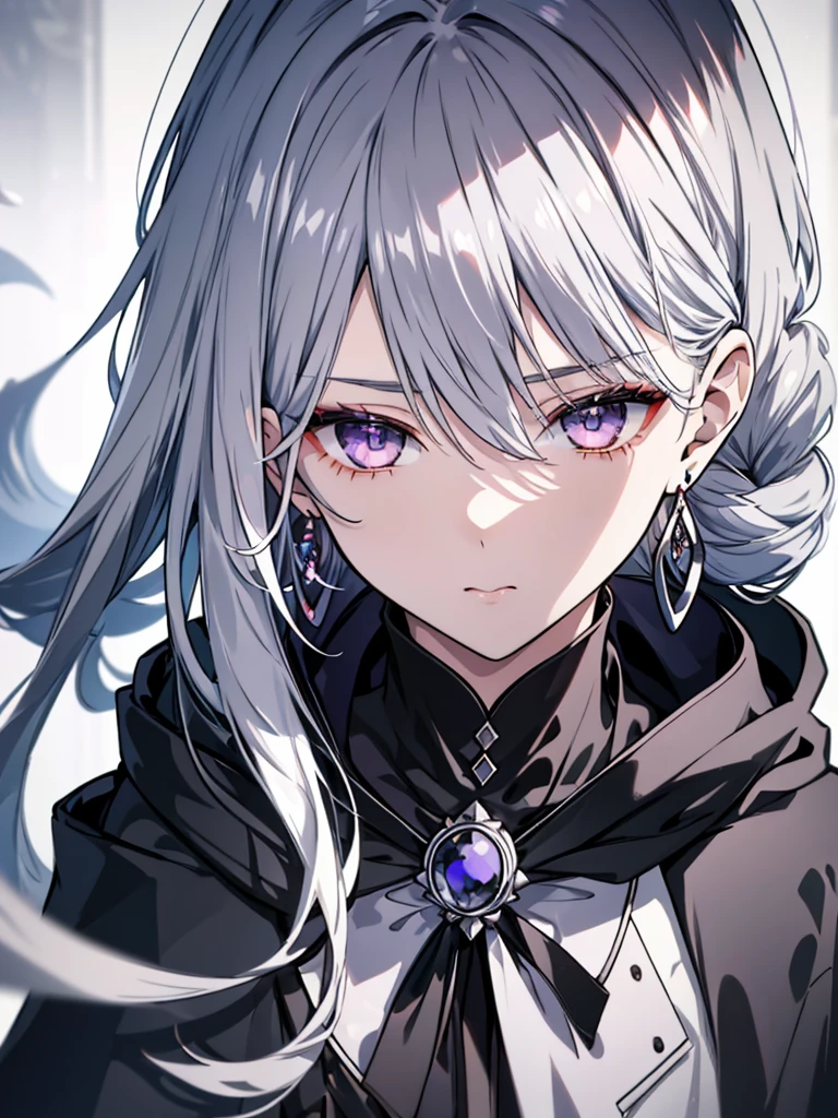 8k,High resolution RAW color art,Anime Art, (((Very detailed and cool))), Detailed skin, Blur、texture,(Exquisitely crafted, The finer details, Ultra-detailed art), (((One boy))), Depth of written boundary, Silky Touch, Hyper Detail, (((Cool face))), eye shadow、Silver Marble Skin, Beautifully detailed purple eyes, Beautiful lip detail, Very delicate face, Delicate depiction of hair and eyes, Detailed Fashion, Silver earrings,Silver Bracelet、Full body depiction, Black high neck、black waist cloak、 A little bit of grey hair、Semi-long hair、(((Hair)))、water surface、silk clotheatte、Soft clothes、cool、Food、Wear warm clothes、Orb
