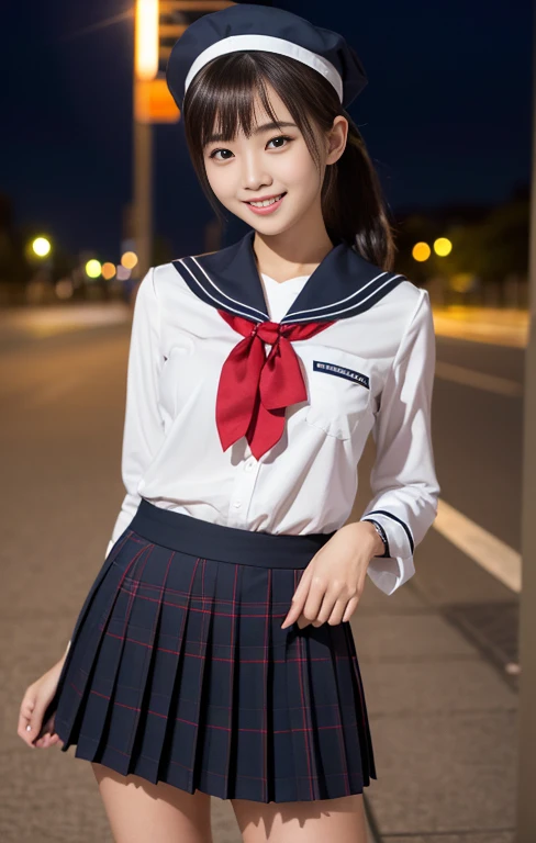 (1 gorgeous Asian women, age 20s, standing with natural pose, at Tokyo Tower, night sky. She's dressed in Japanese JK Uniform, Serafuku, Seifuku, Sailor Uniform, white blouse, sailor-style collar, pleated skirt, Buttons, Red Ribbon, Red Bolo Tie, Striped Necktie, Red Neckerchief, Red Bow, Sailor Hat, Western-style plaid skirt, knee-high socks, beautiful detailed face, beautiful detailed eyes, dimpled smile, kind & friendly smile, short bob hair, ponytail, cute snaggletooth, ample round bosom, Fit & Healthy body proportion, photorealistic, hyper-realism, high contrast, ultra HD, realistic skin textures, top image quality, top-quality, super high resolution, fine details, very meticulously, bokeh background, full_body_shot, vivid colours, masterpiece) #aliceinborderland