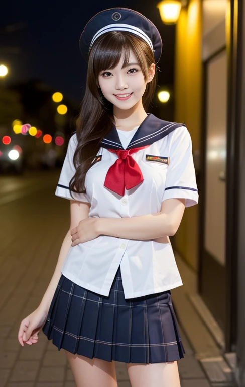 (1 gorgeous Asian women, age 20s, standing with natural pose, at Tokyo Tower, night sky. She's dressed in Japanese JK Uniform, Serafuku, Seifuku, Sailor Uniform, white blouse, sailor-style collar, pleated skirt, Buttons, Red Ribbon, Red Bolo Tie, Striped Necktie, Red Neckerchief, Red Bow, Sailor Hat, Western-style plaid skirt, knee-high socks, beautiful detailed face, beautiful detailed eyes, dimpled smile, kind & friendly smile, short bob hair, ponytail, cute snaggletooth, ample round bosom, Fit & Healthy body proportion, photorealistic, hyper-realism, high contrast, ultra HD, realistic skin textures, top image quality, top-quality, super high resolution, fine details, very meticulously, bokeh background, full_body_shot, vivid colours, masterpiece) #aliceinborderland