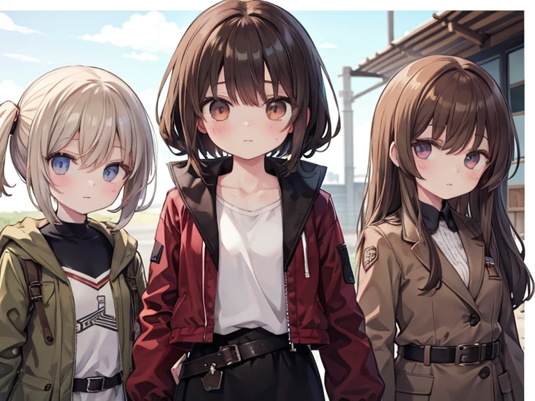 (Best quality:0.8) perfect frame from anime, wasteland robbers, 1 brown-haired boy and 3 different girls