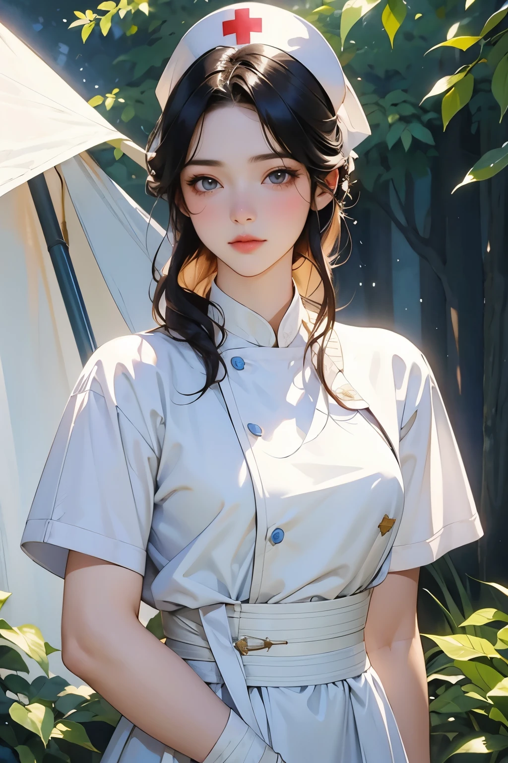 (Very beautiful 17 year old nurse:1.2), (Full body portrait:1.2)、(crimean war、Temporary medical tent、Nightingale:1.2)、(bandage、Medicine set、disinfect、Medical Equipment:1.2)、Beautiful and fair、Glowing Skin, Nice, bright, Refreshing and gentle look, Perfect beautiful face、Beautiful shiny bangs, Small breasts，Simple uniform，Soft Light、(Watercolor of singer Sargent)、(Highest quality、masterpiece)、