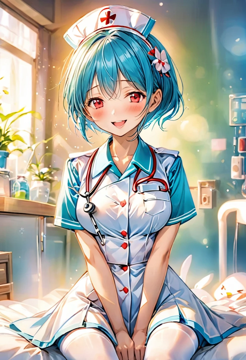 1girl, solo,thighhighs,smile, :d, sitting,open mouth, breasts, looking at viewer, blurry foreground, blush, depth of field, medium breasts, white thighhighs, ctwitter username, dutch angle, blurry,indoors,Nurse,Nurse uniform,Ward, bed,Hands behind your, Sigewinne (genshin impact),medium Breasts,red_eyes ,nurse,Bunny ears