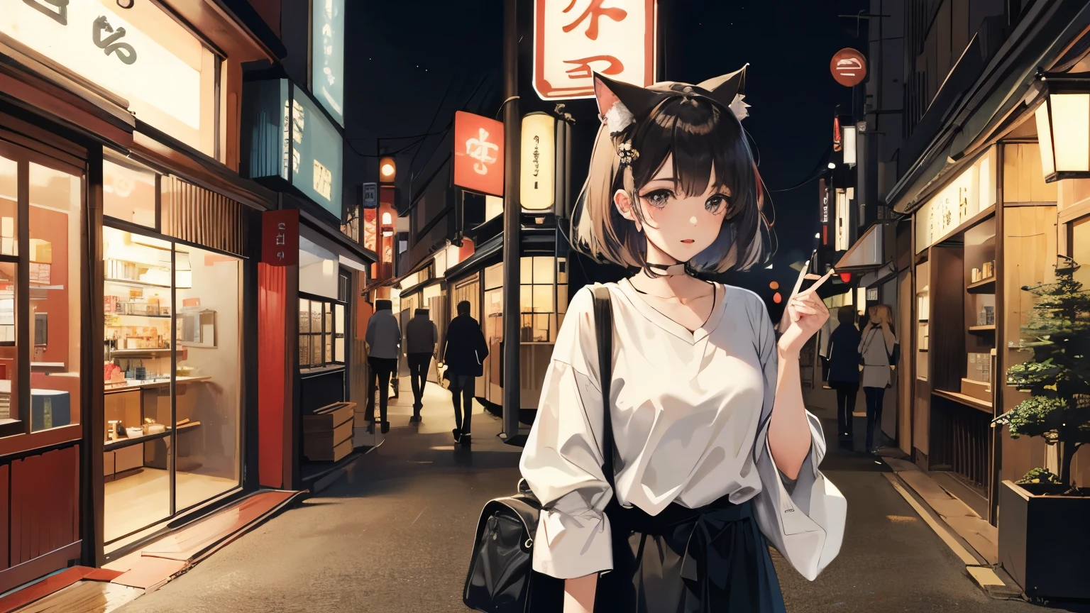 Cat ear、Japan、Girl、night、forest、Casual attire