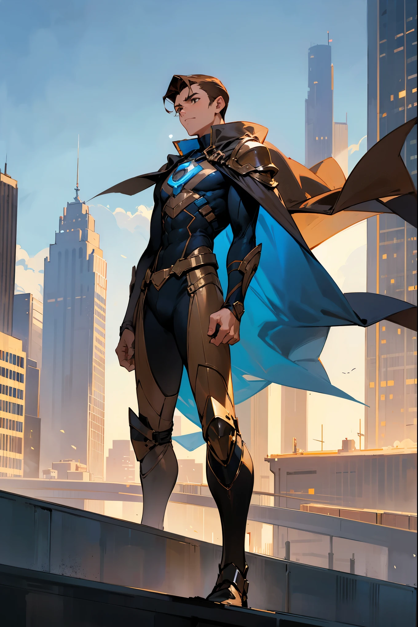 1male, teen, light brown hair, slickback hair, light brown eyes, calm expression, black and blue super suit, blue cape, standing on building, city background, standing on path, detailed background, hands to side