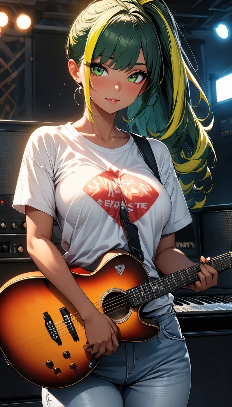 (highest quality:1.2, Very detailed, up to date, Vibrant, Ultra-high resolution, High Contrast, masterpiece:1.2, highest quality, Best aesthetics), Portraiture、solo, girl、(slim:1), (25-years-old), T-shirt, jeans pants, guitar maintenance, music studio, Bright colors、Beautiful fine details、Beautiful lip detail、long hair、ponytail, white and yellow green ((streaked hair:1.6)), highlights hair: 1.5, (medium breast:1) , (tan skin:0.9), ((cowboy shot:1))