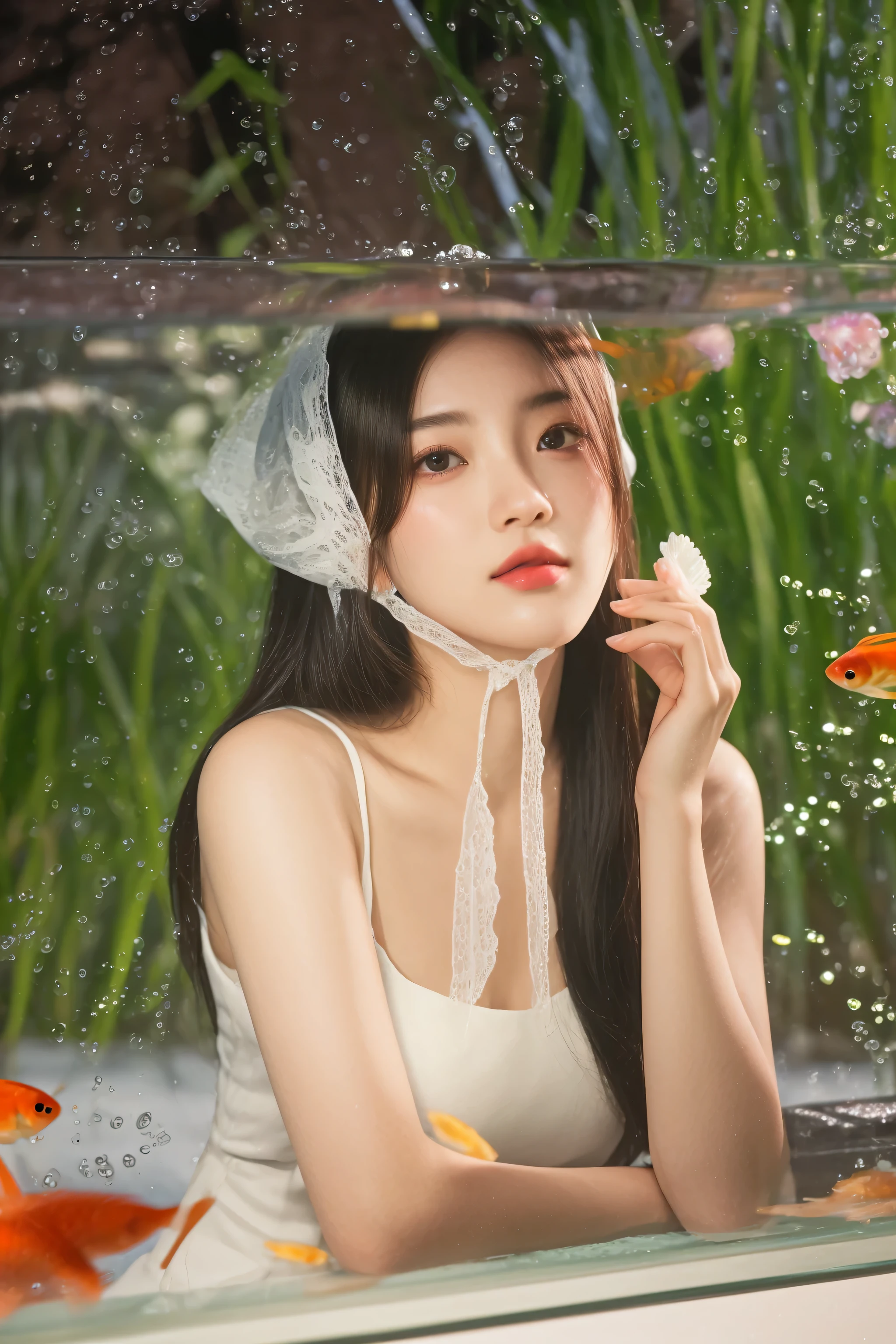 there is a woman that is looking at a fish in a tank, artwork in the style of guweiz, guweiz, soft portrait shot 8 k, realistic. cheng yi, guweiz masterpiece, [ realistic photography ], inspired by Huang Ji, jingna zhang, inspired by Yanjun Cheng, xintong chen, by Li Song, inspired by Tang Yifen
