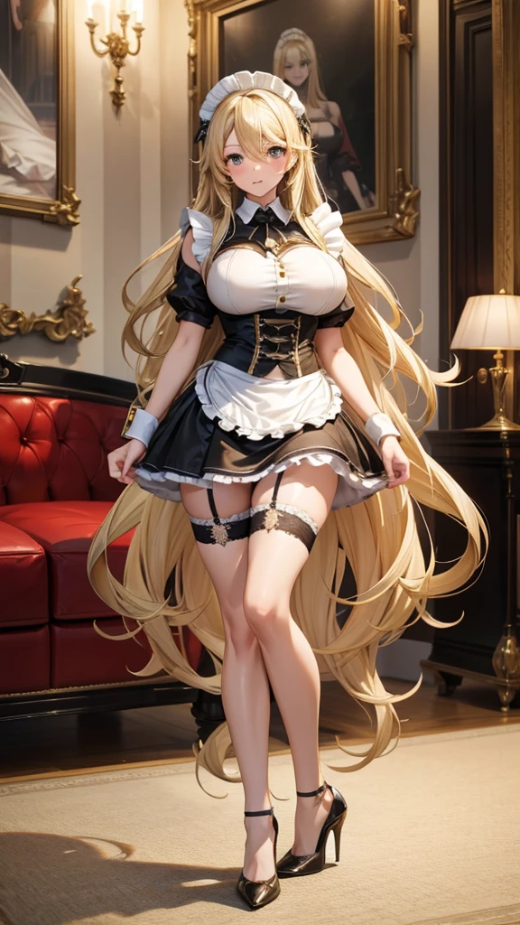 Adult woman with long blonde hair and huge breasts,Maid costume,mini skirt,underwear,Bare Legs,garters,high heels,Standing,Luxury Homes