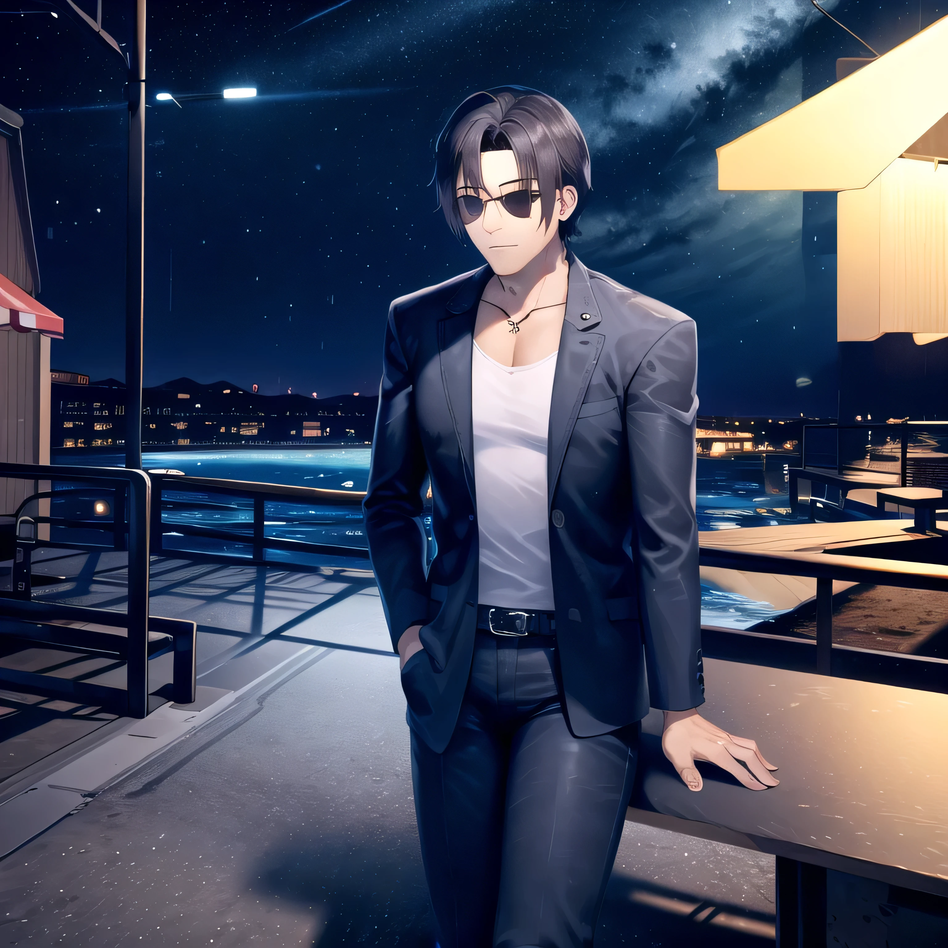 1guy, outdoors, beach, night, night sky, sunglasses