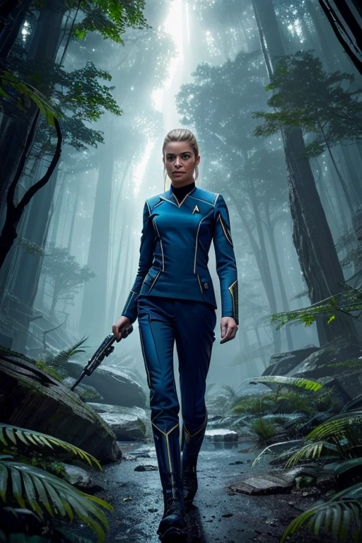 concept art, (Sadie Wilkinson wearing a Star Trek uniform, intense gaze, holding a tricorder), (exploring an alien forest, bioluminescent plants, ancient alien ruins partially hidden), (dynamic angles, high contrast lighting, intricate details, professional, Sci-Fi Exploration, trending on ArtStation), by John Berkey and Chris Foss and Craig Mullins