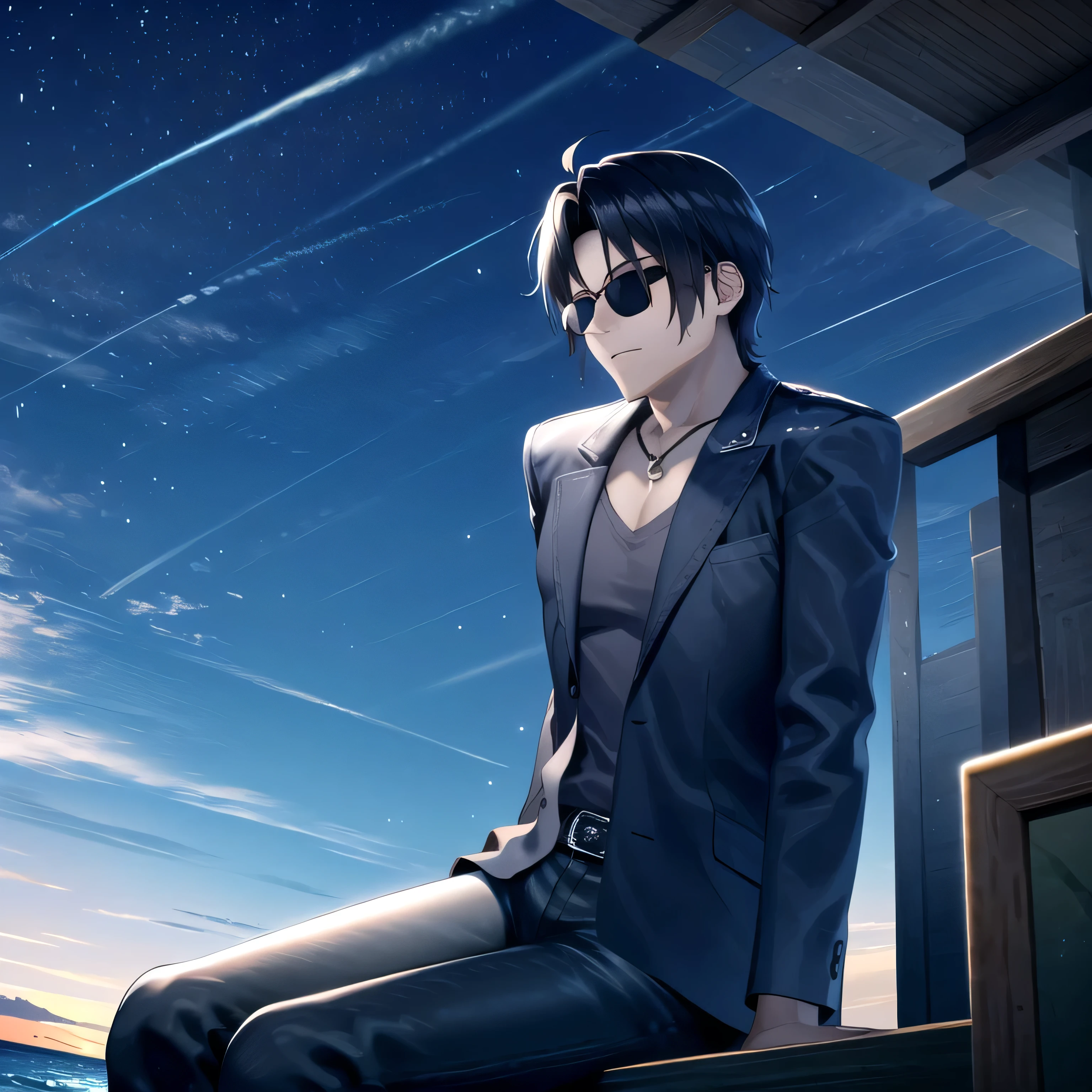 1guy, outdoors, beach, night, night sky, sunglasses