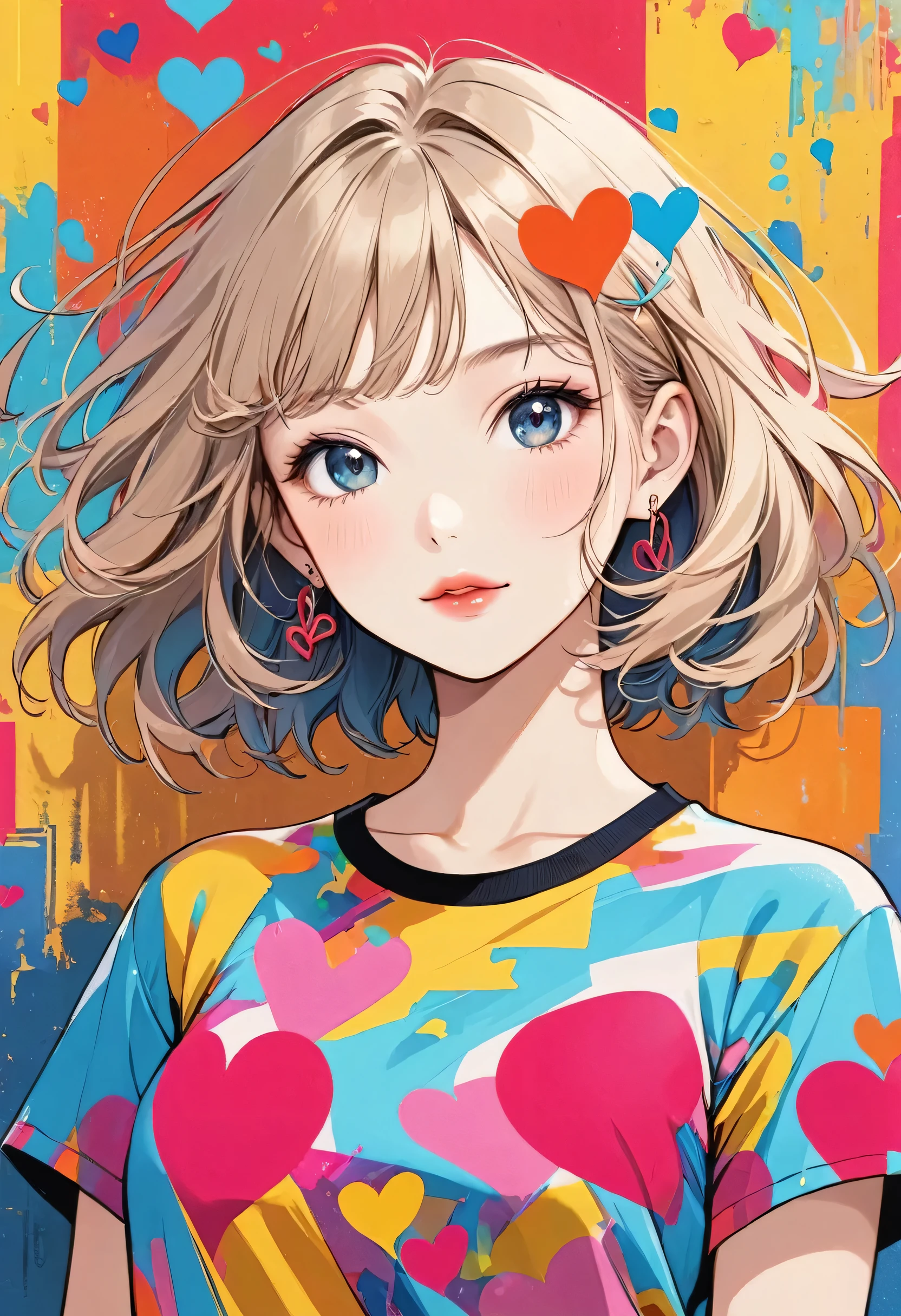 Keith Haring colorful style, Simple Line Initialism,Abstract art,Urban Background, (((The most beautiful girl of all time))), Sweet face. Lips in love, colorful hearts, stylish design, 夏のオシャレなTシャツ