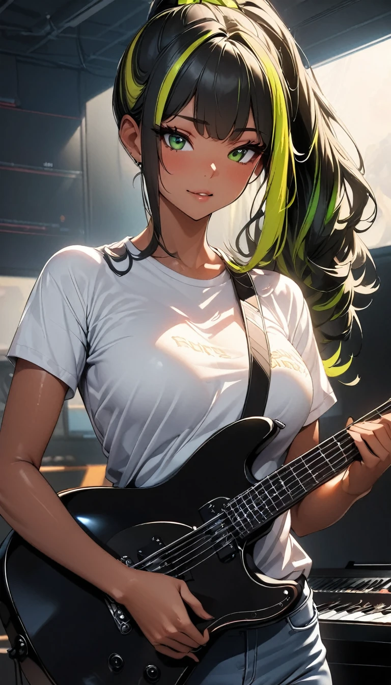 (highest quality:1.2, Very detailed, up to date, Vibrant, Ultra-high resolution, High Contrast, masterpiece:1.2, highest quality, Best aesthetics), Portraiture、solo, girl、(slim:1), (25-years-old), T-shirt, jeans pants, cleaning the guitar, music studio, Bright colors、Beautiful fine details、Beautiful lip detail、long hair、ponytail, white and yellow green ((streaked hair:1.6)), highlights hair: 1.5, (medium breast:1) , (tan skin:0.9), ((cowboy shot:1))