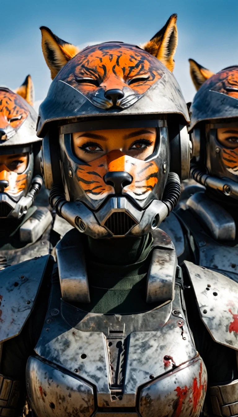 Close-up of a ((fox-human warior)) , half human, half tiger, their faces partially obscured by military helmets. Their eyes are filled with sadness and longing. The background is a trail of blood and violence. SHe wears a mechanized robot armor, carved with animal elements, human skulls. The sky is filled with swirling, fiery clouds. The photo conveys a strong sense of the warrior's appearance.