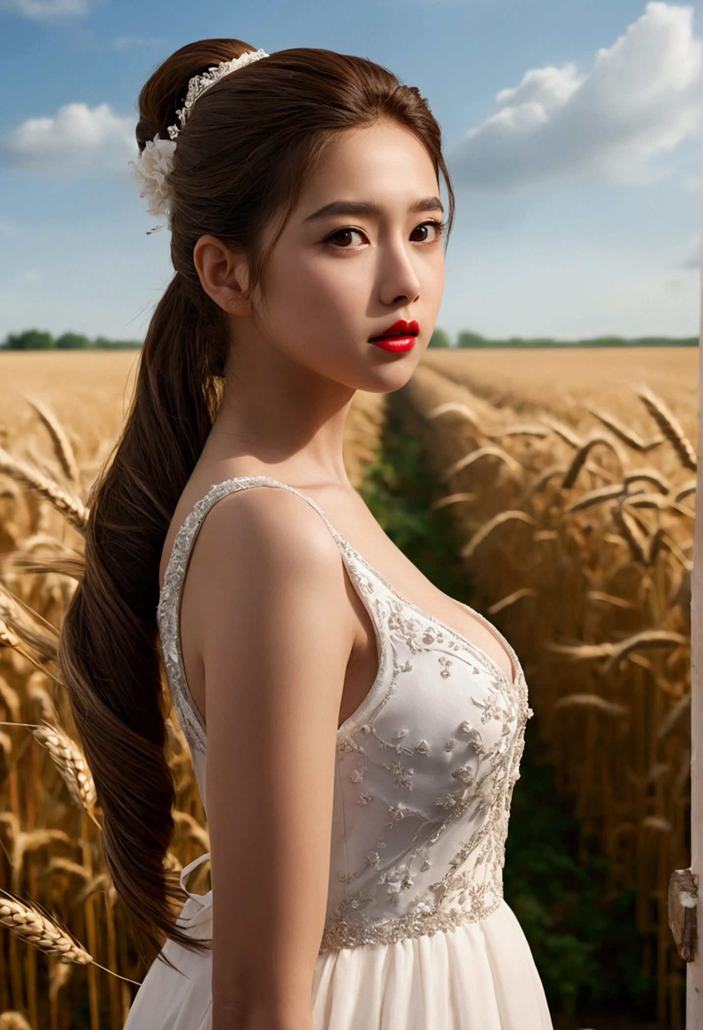 (work of art:1.4),, (best qualityer:1.4),, ultra-high resolution,, 8k, CG,, (extremely delicate and beautiful:1.2),, , trunk,, from sideways,, looking ahead at viewer,, , 1 girl,, standing alone,, fashion girl,, Madura,, , cute, dolce,, , Not wheat field,, nblurry background,, , long brown hair,, ponytail hair,, , eyes browns,, cloused mouth,, Red lips,, , face brushed by the wind,, , white gown,, medium breasts,