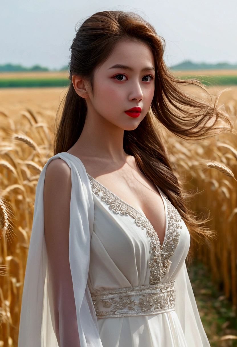 (work of art:1.4),, (best qualityer:1.4),, ultra-high resolution,, 8k, CG,, (extremely delicate and beautiful:1.2),, , trunk,, from sideways,, looking ahead at viewer,, , 1 girl,, standing alone,, fashion girl,, Madura,, , cute, dolce,, , Not wheat field,, nblurry background,, , long brown hair,, ponytail hair,, , eyes browns,, cloused mouth,, Red lips,, , face brushed by the wind,, , white gown,, medium breasts,