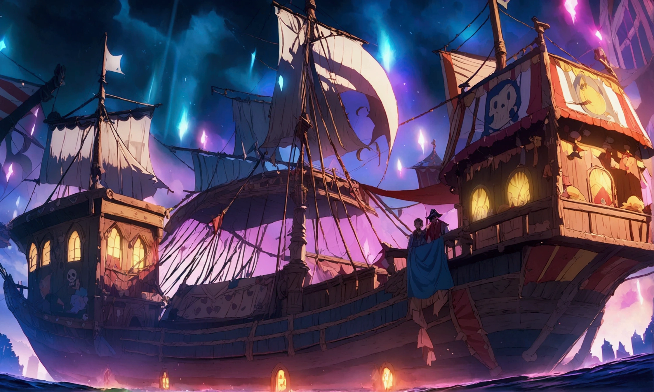 Circus-themed pirate ship,"Anime character design inspired by One Piece, full of dramatic and impressive lighting, focus on the character, impressive face, full of creative details, 4K ultra-fine design, scenery bathed in creativity, boasting 2D anime resolution clarity, HD anime graphics, high-octane rendering"