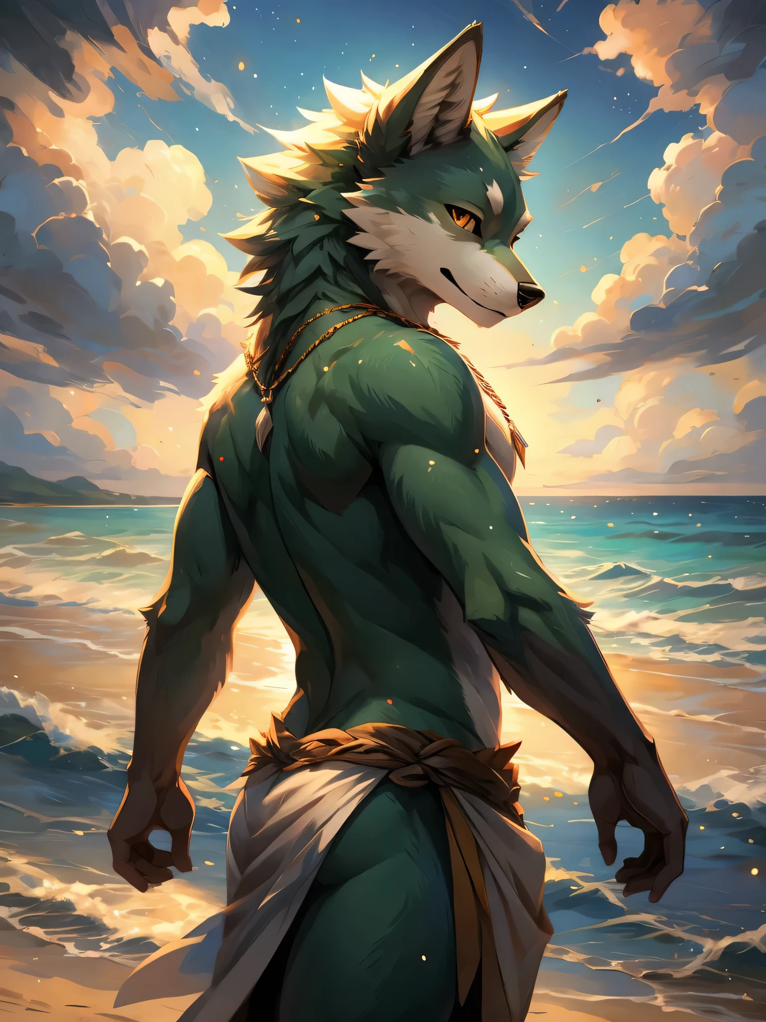 Lonly face,masterpiece, high quality, hi res, digital painting \(artwork\), by kuroisumi, yupa,kiyosan. soft lighting, solo, (anthro male wolf), (Green body), sunshine, beach, loincloth, sea, cloud, dark, bright, sand, from side, necklace. impasto, panorama,portrait,135mm,looking at viewer,character focus. detailed background,amazing background,outdoors,scenery,light particles, kemono, (cute), ass