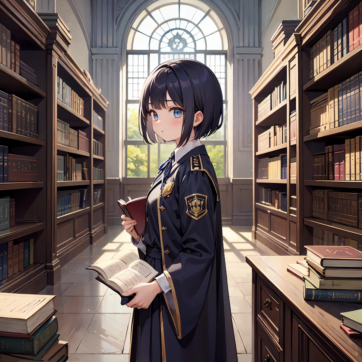 In a medieval library、A young woman with short hair wearing a uniform and a cloak is holding a book。She wears a uniform with a blue ribbon and symbol.、There are many books on the shelves in the library。There were a few other students in the background.、Antique arched windows and decorations can be seen。