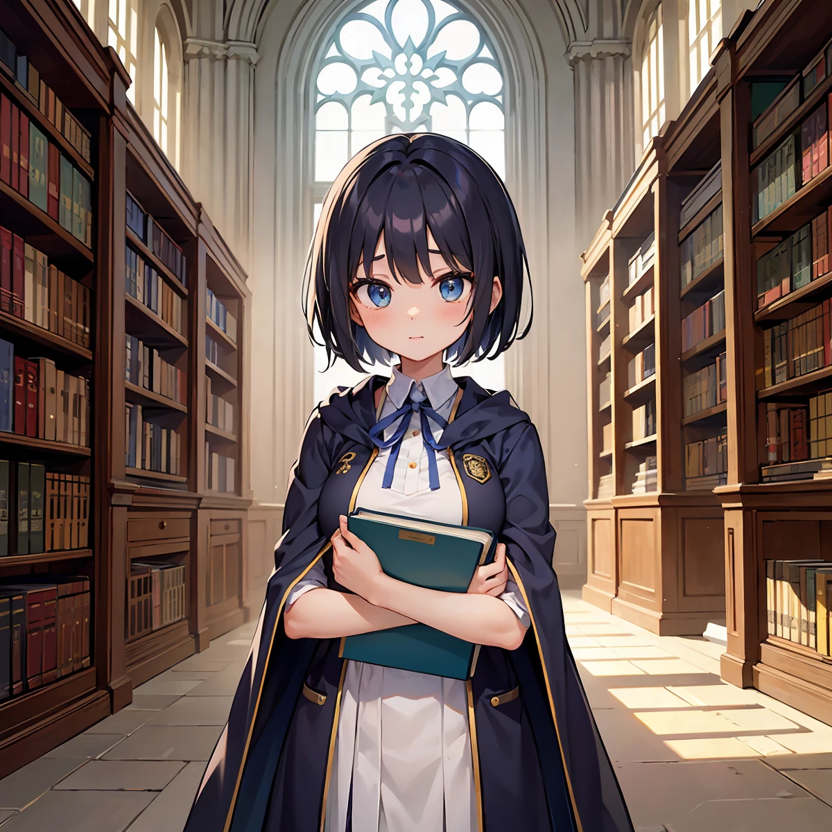 In a medieval library、A young woman with short hair wearing a uniform and a cloak is holding a book。She wears a uniform with a blue ribbon and symbol.、There are many books on the shelves in the library。There were a few other students in the background.、Antique arched windows and decorations can be seen。