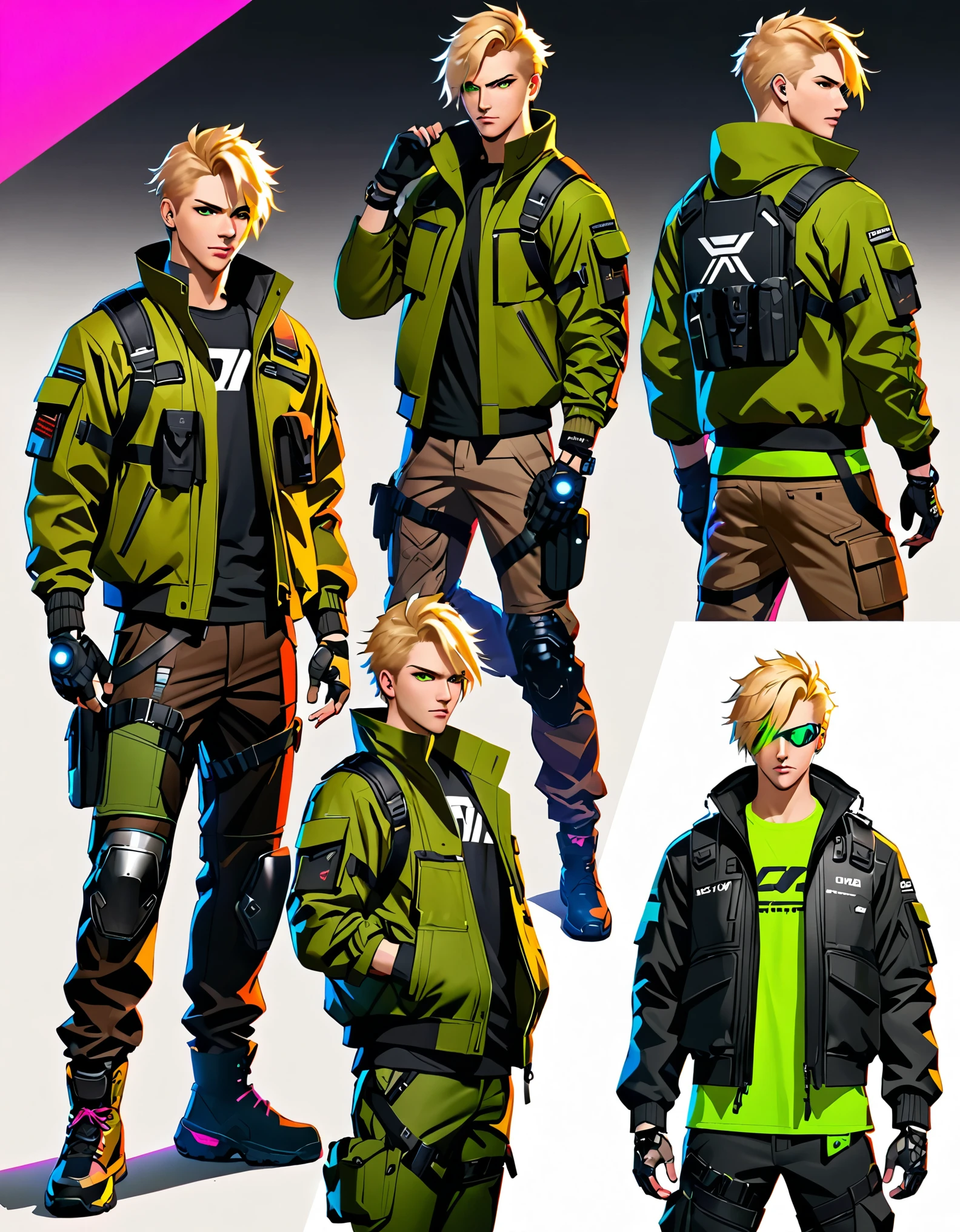 1male, blond-haired man in military uniform, cyberpunk street goon, hyper-realistic cyberpunk style, jetstream sam from metal gear, techwear look and clothes, cyberpunk streetwear, cyberpunk soldier, young blonde boy fantasy thief, soldier outfit, wearing techwear and armor, wearing japanese techwear, soldier 7 6 from overwatch, wearing cyberpunk streetwear, green eyes. Solo, Solo focus, Simple background, Multiple Views, Character Sheet Full-Length.