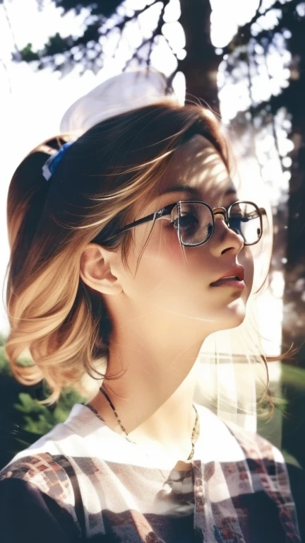 (masterpiece, Best quality, ultra detailed, photorealistic), double exposure, Close-up, drawing, head of a brown-haired girl with glasses, the forest