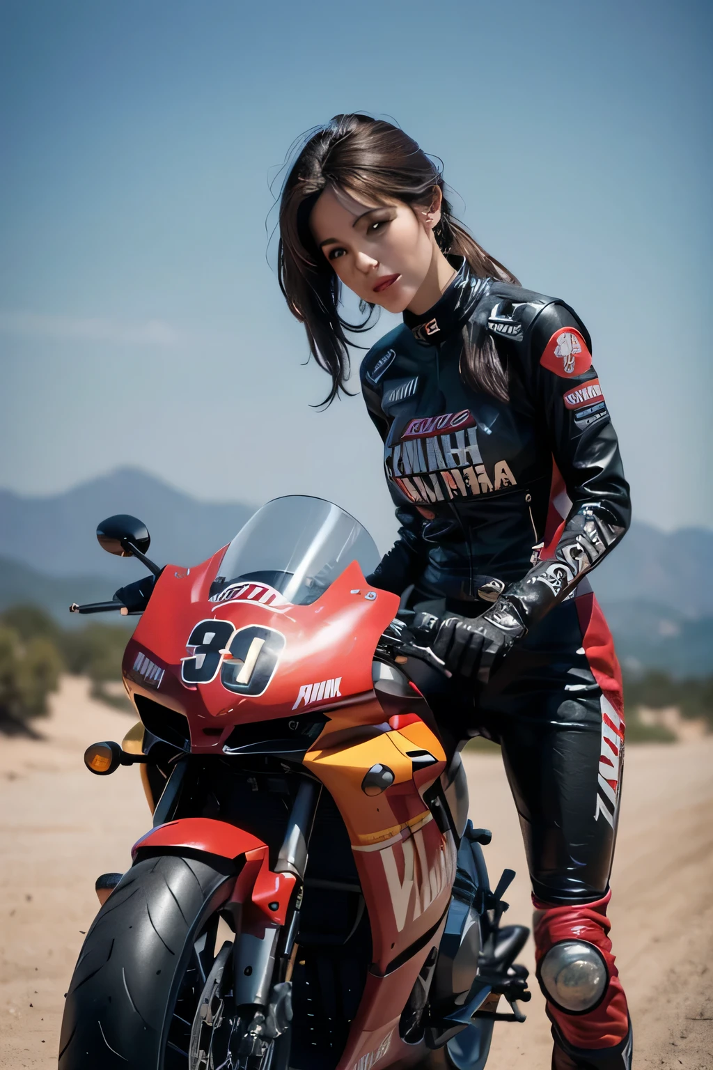 (top quality, masterpiece), 1girl, intricate details, (shading realistic lighting), huge file size, high resolution, elegant, realistic, (perfect anatomical depiction of the human body), teenage girl is stopping her motorcycle on the beach at dark sunset and looking somewhere, serious expression, the girl has whitening skin blue eyes and partially braided long hair is a brunette Japan, japanese, (the girl has very big), (the girl has super big), (the girl has a thin waist), (the girl has thin thighs), (the girl has a baby face), ((the girl wears a white bodysuit with smooth thin fabric)). (The girl's bodysuit has very cramped breasts), (The girl's white bodysuit has crimson lines on the outside of her limbs), (The girl wears a white bodysuit, red-white boots and gloves so she can't see any skin except her face), (The girl's bodysuit crushes her large breasts and spreads to the side), (Beautiful big blue eyes), (Thin and clear double eyelid lines in the eyes), ( Tear bags with glossy, plump and bright tones under the eyes), (pale blue iris), (some highlights on the iris and pupil), (red representation of the conjunctiva), (long eyelashes that are well visible), (taut swimsuit with super big), (skin and hair glistening in the setting sun from behind), (hair fluttering heavily in the strong sea breeze and shimmering in the backlight of the setting sun). ((The girl is standing in front of the motorcycle and looking into the distance)) , (shot showing the whole body, the motorcycle, the sea and the sunset), The motorcycle is a one-light naikit type, Holding a black helmet in one hand, The sun is dyed crimson on the horizon behind it, the sky has a gradient to a dark purple that is darker as it moves away from the crimson of the horizon, a very dark scene that is almost night, strong contrast between light and shadow, perfect hands, nice hands, mirage farina,
