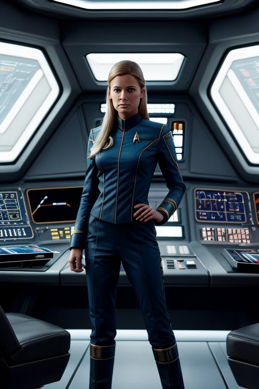 concept art, (Sadie Wilkinson wearing a Star Trek uniform, calm demeanor, navigating a starship), (on the bridge of a starship, large viewports showing a cosmic maly, crew members at their stations), (clean lines, realistic textures, soft ambient glow, professional, Futuristic Space Sci-Fi, trending on ArtStation), by Ralph McQuarrie and John Eaves and Syd Mead