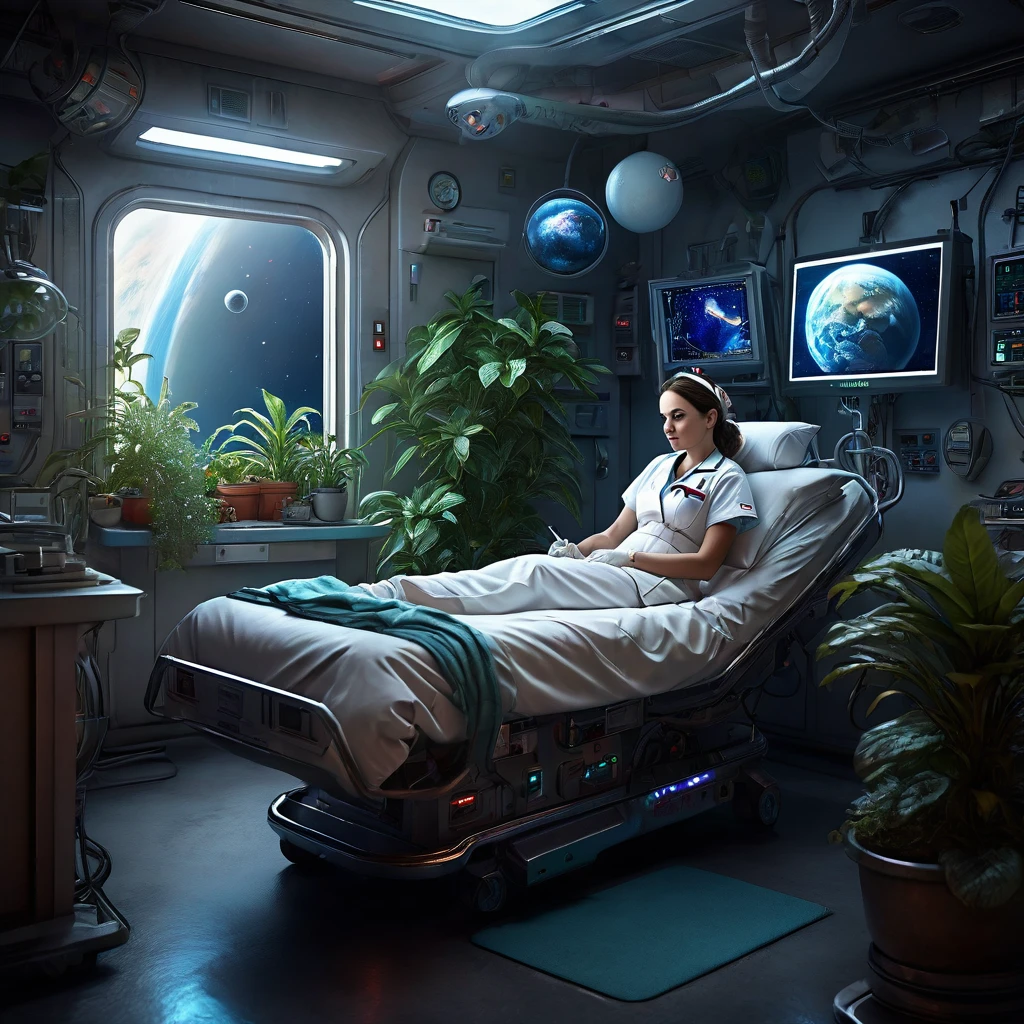 masterpiece, best quality, high resolution, realistic, detailed, Female nurse, science fiction hospital room in planetary orbit, artificial plants, nursing at bedside, stars in deep space seen from window, 