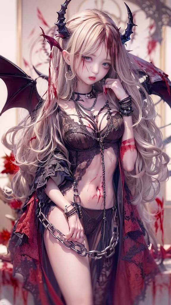 (32K:1.5, Dark fantasy:1.4, Highest quality, masterpiece, Ultra-high resolution), Perfect dynamic composition:1.3, Horror Portrait, chaos, Dark background:1.3, Prisoner, slave, Dark Demon World, (Detailed tattoos on the whole body:1.4, Wearing elaborate jewelry:1.4), Very detailedな肌と顔の質感:1.3, Very accurate, Very detailed, (Sexy succubus demon with big wings:1.3, Incredibly slim body:1.3, beautifully、beautiful:1.3), Horn, Fair skin, Sensual posture, ((Putting Badly Torn Clothing Back on Properly:1.3)), Medium chest, (Big eyes that exude beautiful eroticism:0.4, Feel the intense caress:1.0, Please open your mouth a little, lipstick, Feel the beautiful eroticism:0.9, Too sexy:0.9, charm的な:0.9), ((Covered in blood:1.5, Covered in scars:1.5, Physical pain:1.6, Lots of chains:1.6, Countless chains tangled in clothes:1.6, Chain your right arm:1.5, Chain the left arm:1.5, The right leg is bound with a shackle and chain:1.5, The left leg is bound with a shackle and chain:1.5)), Super long blonde curly hair, Earrings, necklace, bracelet, romantic, mysterious, elegant, Object of admiration, original, dramatic, artistic, Innovative, charm, Heartful, Fancy, sense of openness, sense of cleanliness, special, exciting, Extreme, Tilt, sense of loss, sorrow, sorrowの表現, ((大人のcharm, 女性的なcharm))