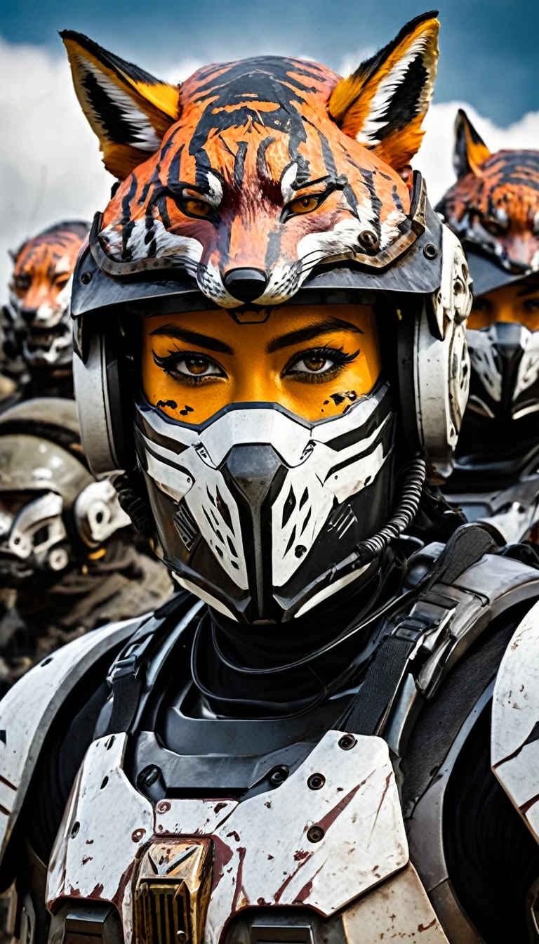 Close-up of a ((fox-human warior)) , half human, half tiger, their faces partially obscured by military helmets. Their eyes are filled with sadness and longing. The background is a trail of blood and violence. SHe wears a mechanized robot armor, carved with animal elements, human skulls. The sky is filled with swirling, fiery clouds. The photo conveys a strong sense of the warrior's appearance.
