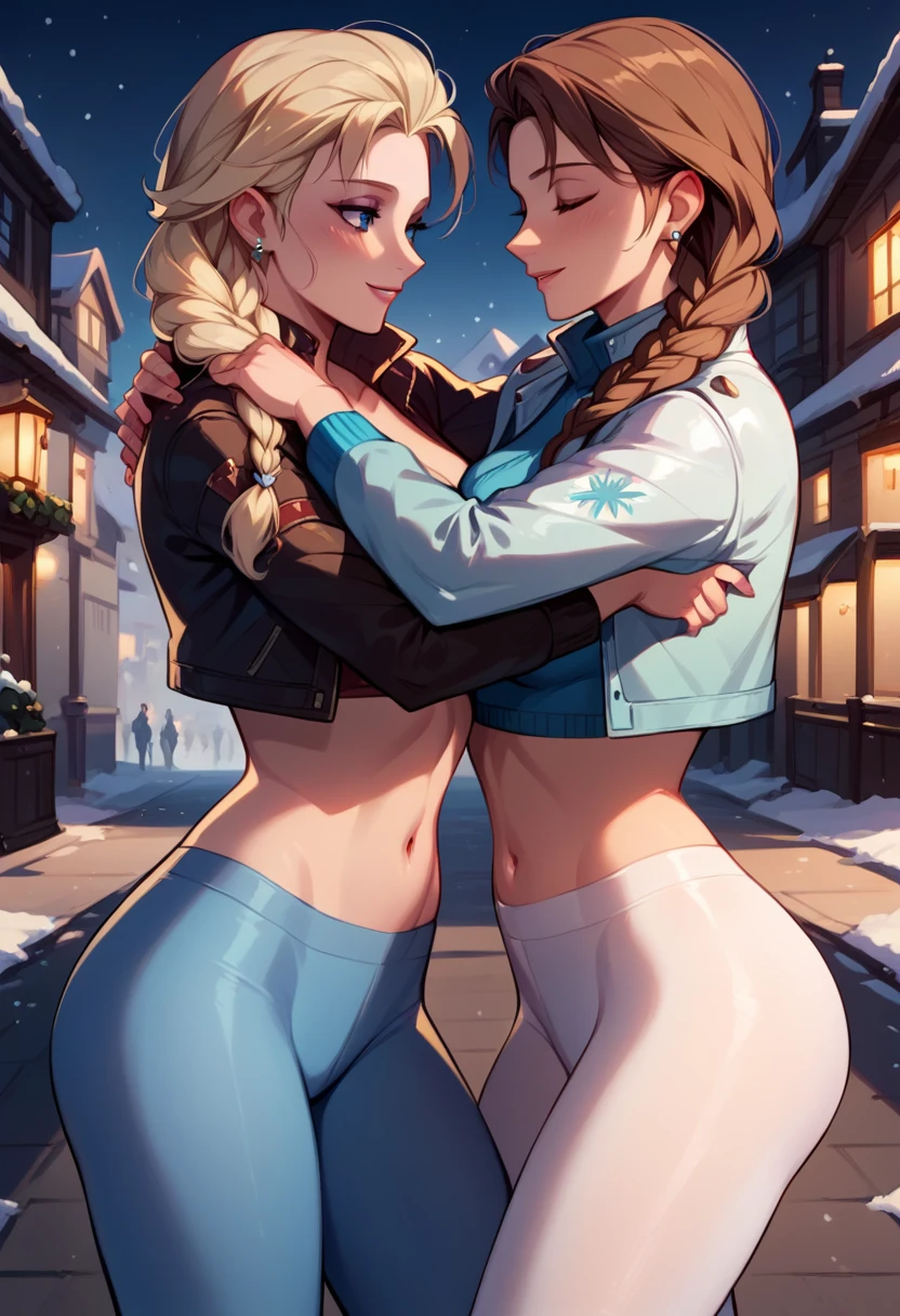 score_9, score_8_up, score_7_up, score_6_up, 2girls, elsa (blonde hair, braid, blue tights, cropped ski jacket, navel:1.1) and anna (brown hair, braided pigtails, white tights, cropped jacket, navel:1.3),, romantic scenes, on dates, snowy village street, lovers, in love, (embracing:1.3), (cinematic lighting:1.2),, (sunset:1.2), cowboy shot.