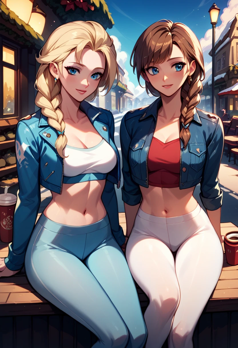 score_9, score_8_up, score_7_up, score_6_up, 2girls, elsa (blonde hair, braid, blue tights, cropped ski jacket, navel:1.1) and anna (brown hair, braided pigtails, white tights, cropped jacket, navel:1.3),, romantic scenes, on dates, snowy village street, lovers, in love, sitting at a roadside cafe, talking, coffee, (cinematic lighting:1.2),, (sunset:1.2), cowboy shot.