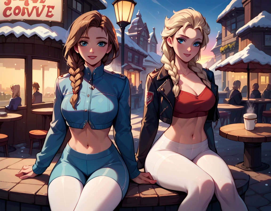 score_9, score_8_up, score_7_up, score_6_up, 2girls, elsa (blonde hair, braid, blue tights, cropped ski jacket, navel:1.1) and anna (brown hair, braided pigtails, white tights, cropped jacket, navel:1.3),, romantic scenes, on dates, snowy village street, lovers, in love, sitting at a roadside cafe, talking, coffee, (cinematic lighting:1.2),, (sunset:1.2), cowboy shot.