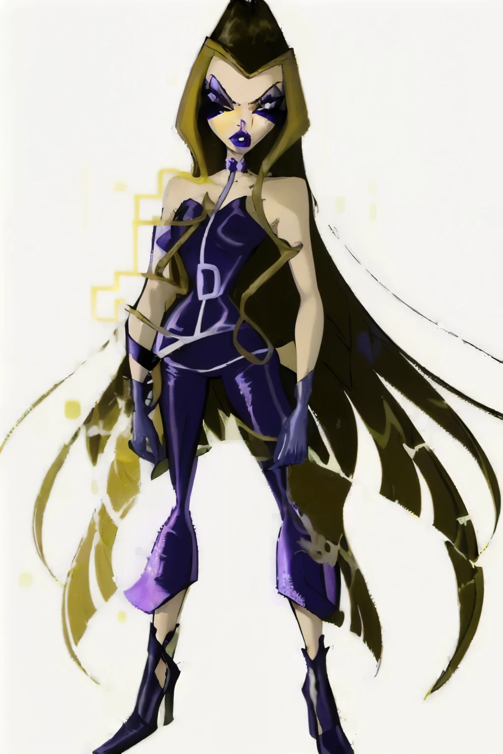 (darcy), yellow eyes, brown hair with blonde streaks, very long hair, (HexenOutfit), (the picture, purple lips, Lila Body, sleeveless), (White background, solid White background:1.5), (realisti:1.2), (masterpiece:1.2), (Full body shot:1),(Cowboy-shot:1.2), cyberpunk background, Steampunk, neon lighting, dark romantic lighting, (muito detalhado:1.2),(detailed face:1.2), (Color gradients), colorful, detailled eyes, (detailed landscape:1.2), (natural lighting:1.2),(detailed background),detailed landscape, (neutral stance:1.2), close up shot, alone,